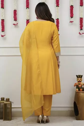 Yellow embroidered straight chanderi kurta set with dupatta & pant for women