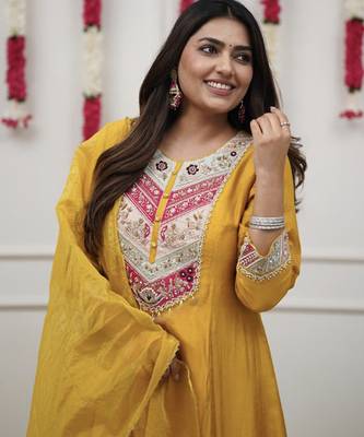 Yellow embroidered straight chanderi kurta set with dupatta & pant for women 4