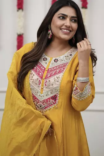 Yellow embroidered straight chanderi kurta set with dupatta & pant for women