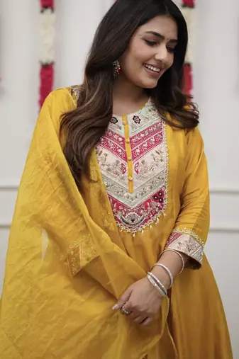 Yellow embroidered straight chanderi kurta set with dupatta & pant for women