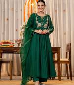 Stylish green embroidered chanderi silk anarkali kurta set with dupatta & pant  for women