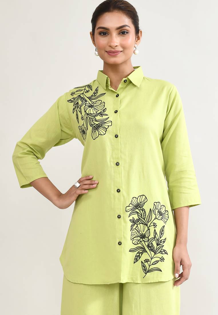 Parrot green cotton linen cotton coord set