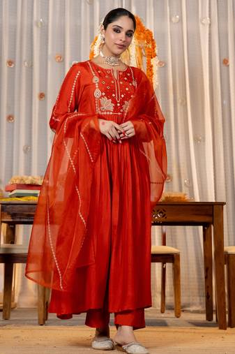 Stylish orange embroidered chanderi silk anarkali kurta set with dupatta & pant  for women