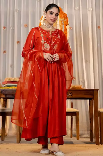 Stylish orange embroidered chanderi silk anarkali kurta set with dupatta & pant  for women