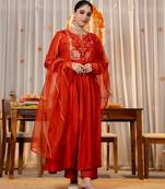 Stylish orange embroidered chanderi silk anarkali kurta set with dupatta & pant  for women