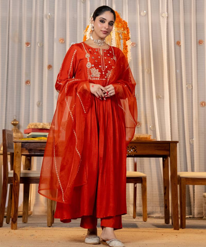 Stylish orange embroidered chanderi silk anarkali kurta set with dupatta & pant  for women