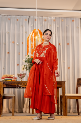  orange embroidered chanderi silk blend anarkali kurta set with dupatta & pant for women 3