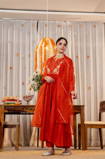  orange embroidered chanderi silk blend anarkali kurta set with dupatta & pant for women