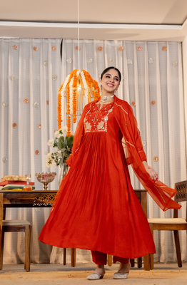  orange embroidered chanderi silk blend anarkali kurta set with dupatta & pant for women 4