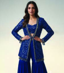 Royal blue embroidered georgette indowestern sharara set