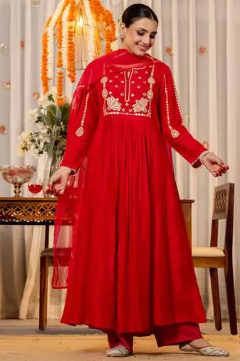  red embroidered chanderi silk blend anarkali kurta set with dupatta & pant for women