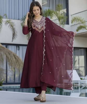  maroon embroidered chinon kurta set with dupatta & pant 1