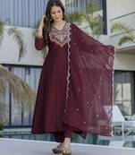 Graceful maroon embroidered chinon kurta set with dupatta & pant