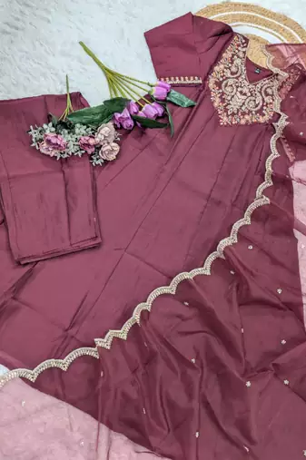  maroon embroidered chinon kurta set with dupatta & pant