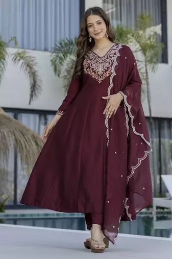Graceful maroon embroidered chinon kurta set with dupatta & pant