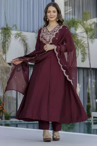 Graceful maroon embroidered chinon kurta set with dupatta & pant