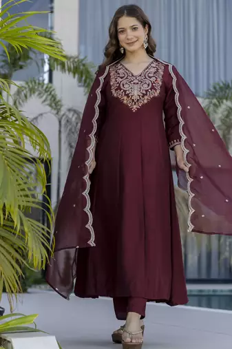 Graceful maroon embroidered chinon kurta set with dupatta & pant