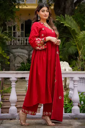  red embroidered chanderi silk blend kurta set with dupatta & pant for women
