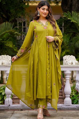 Stylish olive green embroidered chanderi silk kurta set with dupatta & pant  for women