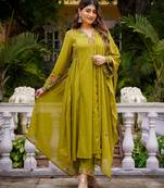 Stylish olive green embroidered chanderi silk kurta set with dupatta & pant  for women