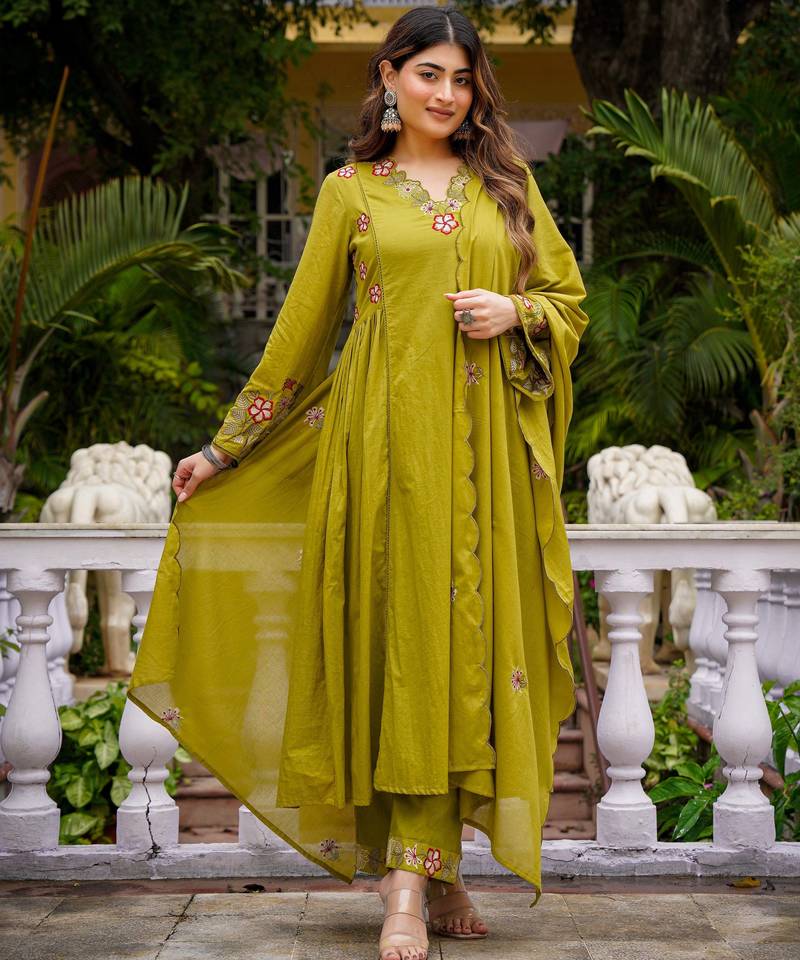 Stylish olive green embroidered chanderi silk kurta set with dupatta & pant  for women