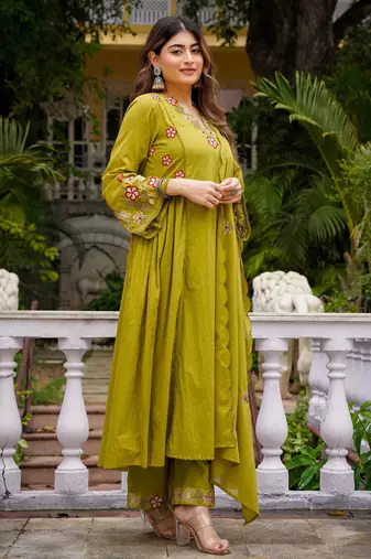 Stylish olive green embroidered chanderi silk kurta set with dupatta & pant  for women