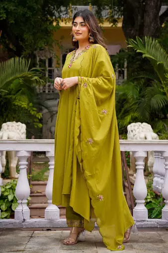 Stylish olive green embroidered chanderi silk kurta set with dupatta & pant  for women