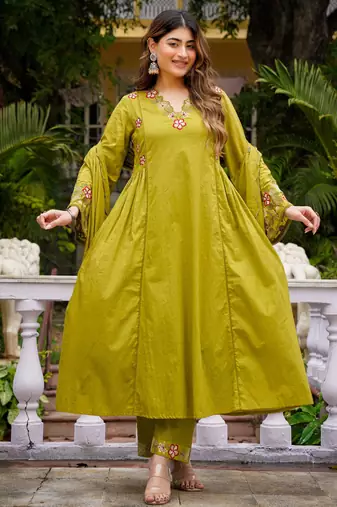Stylish olive green embroidered chanderi silk kurta set with dupatta & pant  for women