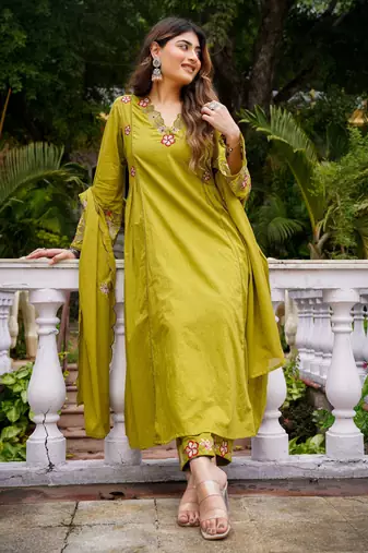 Stylish olive green embroidered chanderi silk kurta set with dupatta & pant  for women