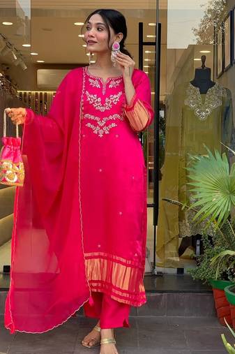 Rani pink embroidered viscose silk kurta set with dupatta & pant for women