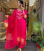 Rani pink embroidered viscose silk kurta set with dupatta & pant for women