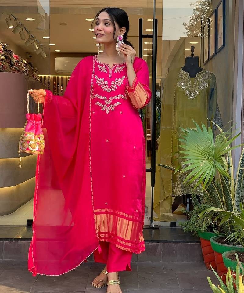 Rani pink embroidered viscose silk kurta set with dupatta & pant for women