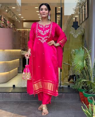 Rani pink embroidered viscose silk kurta set with dupatta & pant for women 4