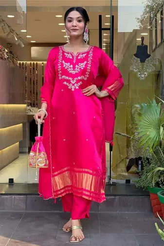 Rani pink embroidered viscose silk kurta set with dupatta & pant for women