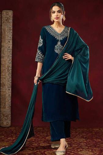 Stylish heavy velvet embroidered teal blue kurta set with dupatta & pant