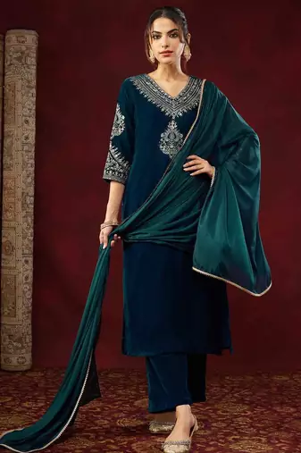 Stylish heavy velvet embroidered teal blue kurta set with dupatta & pant