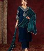 Stylish heavy velvet embroidered teal blue kurta set with dupatta & pant