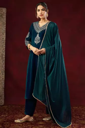  heavy velvet embroidered teal blue kurta set with dupatta & pant