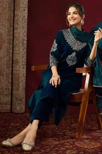  heavy velvet embroidered teal blue kurta set with dupatta & pant