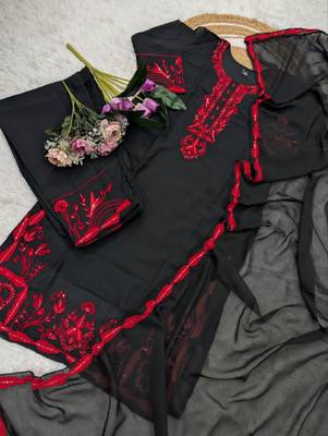 Black georgette kurta set with red embroidery comes with dupatta & pant 2