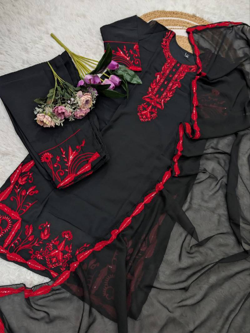 Black georgette kurta set with red embroidery comes with dupatta & pant