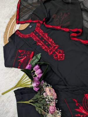 Black georgette kurta set with red embroidery comes with dupatta & pant 3