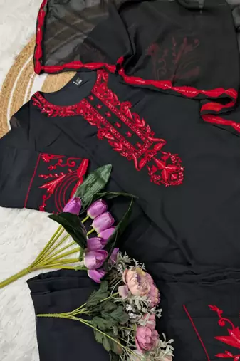 Black georgette kurta set with red embroidery comes with dupatta & pant