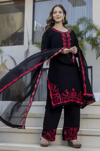 Black georgette kurta set with red embroidery comes with dupatta & pant
