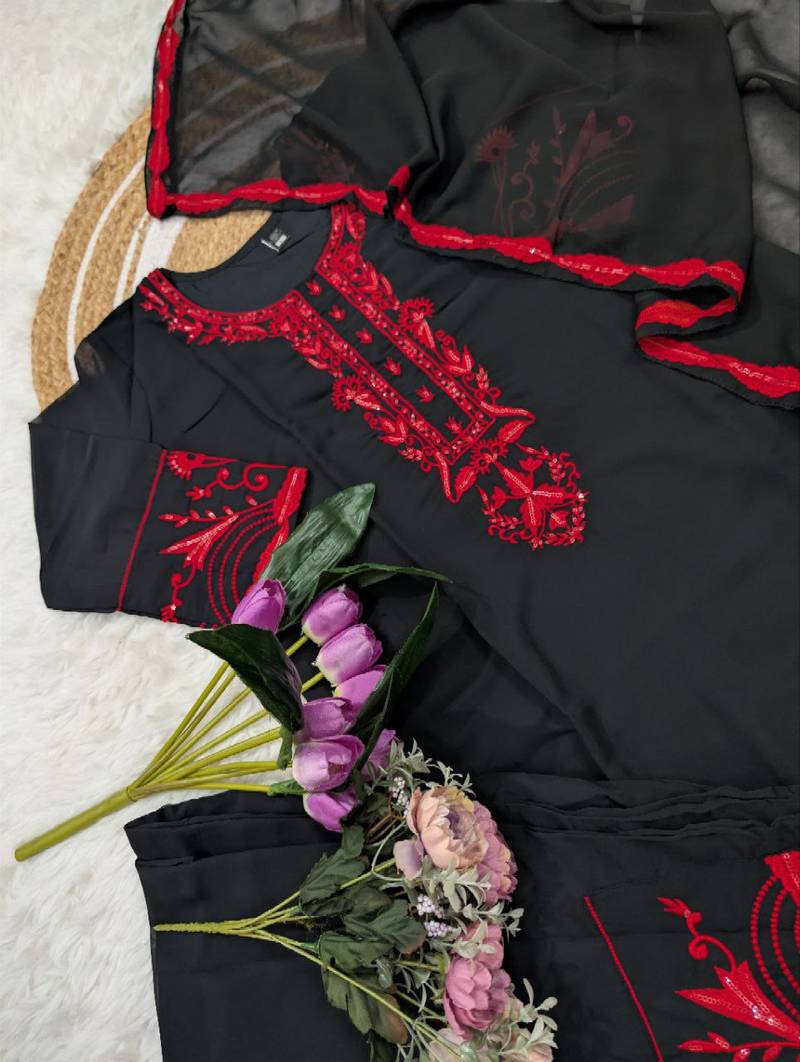 Black georgette kurta set with red embroidery comes with dupatta & pant