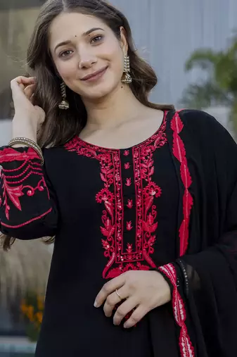 Black georgette kurta set with red embroidery comes with dupatta & pant