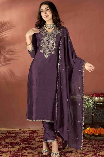 Wine embroidered vichitra kurta set with dupatta & pant
