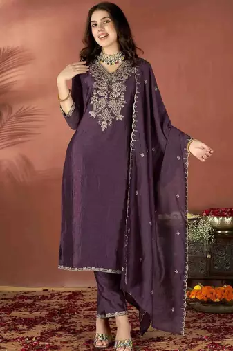 Wine embroidered vichitra kurta set with dupatta & pant