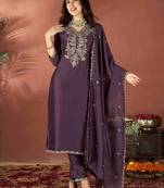 Wine embroidered vichitra kurta set with dupatta & pant