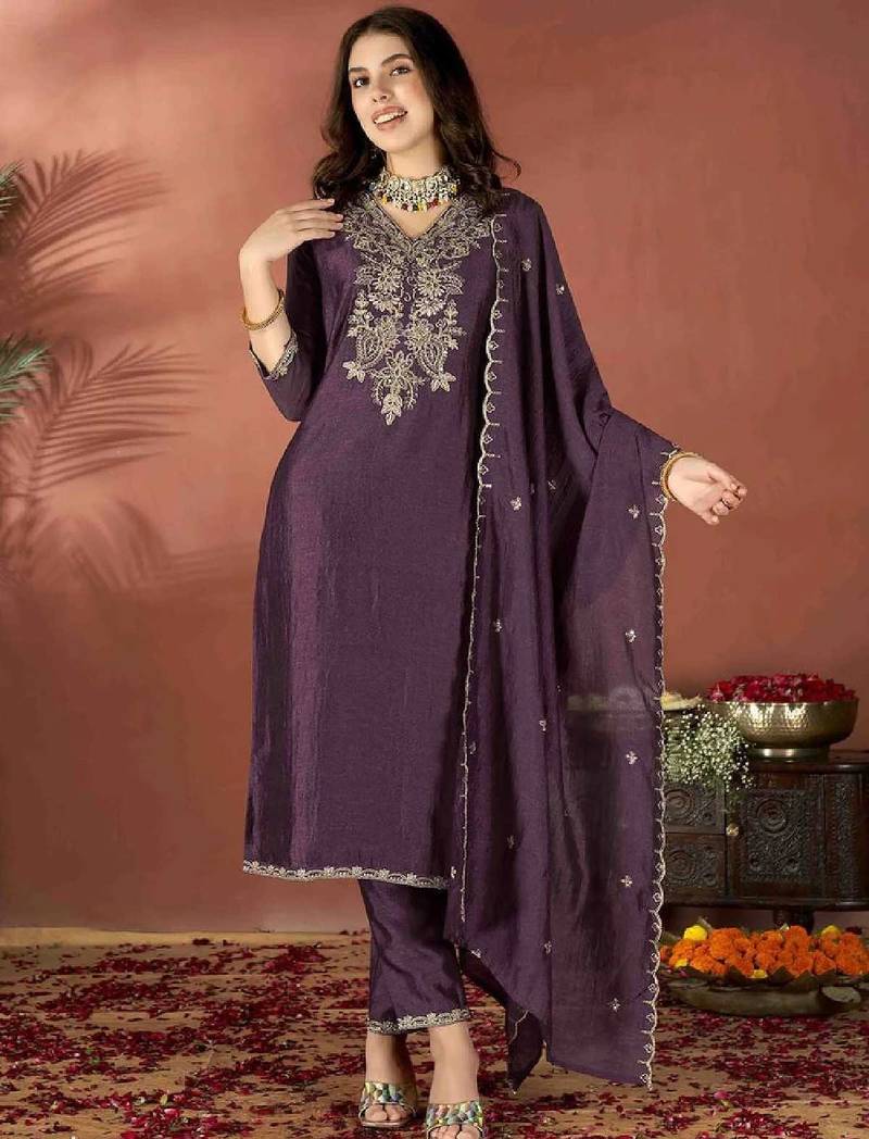 Wine embroidered vichitra kurta set with dupatta & pant